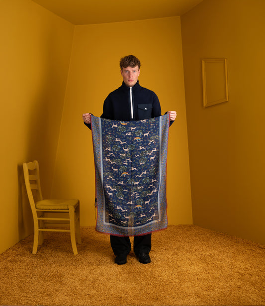 Archival Animals Wool-Silk Scarf - Navy & Blue