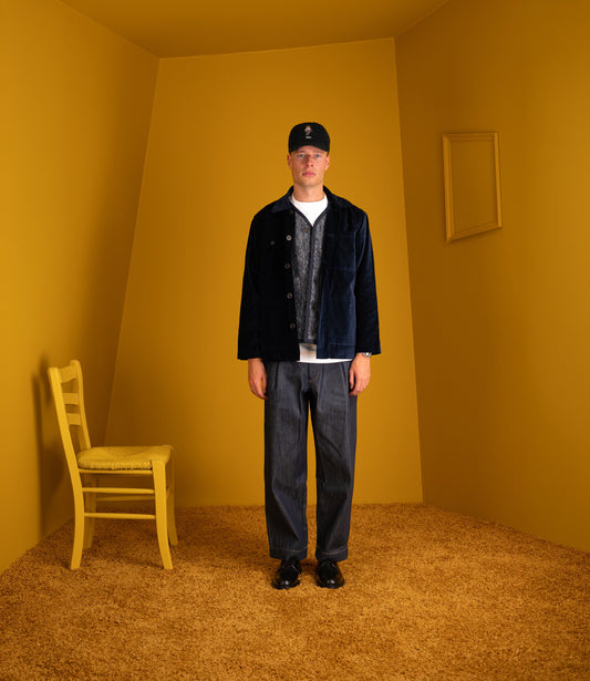 Universal Works Dockside jacket in navy velvet with the Lancaster gilet and Duke Pant in the Neighbourhood studio