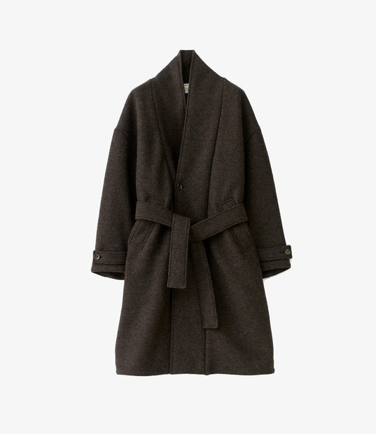 A Kind of Guise Jaca Coat in dark oak loden with shawl collar and belt, front view