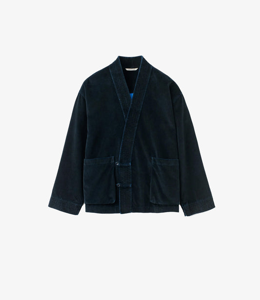 A Kind of Guise Quimono Shirt in washed midnight velvet with kimono V-neck and patch pockets, front view