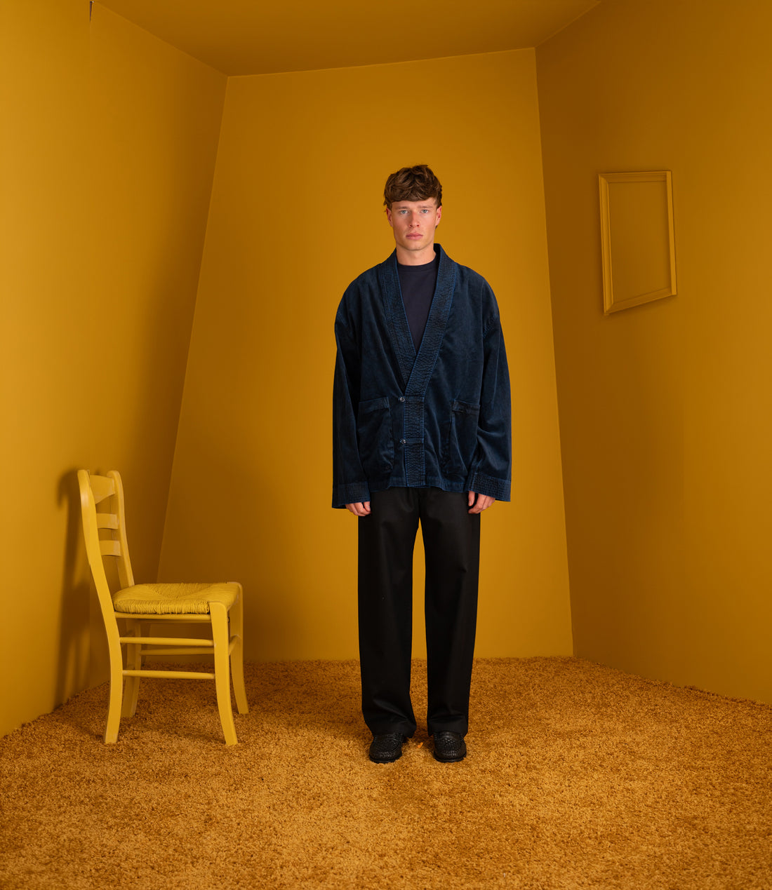 Model wearing the midnight velvet Quimono Shirt with black trousers