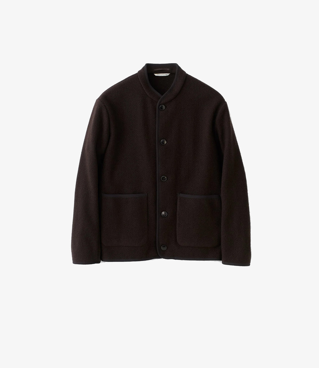 A Kind of Guise Yebra Jacket in mahogany tiles lambswool with band collar and patch pockets, front view