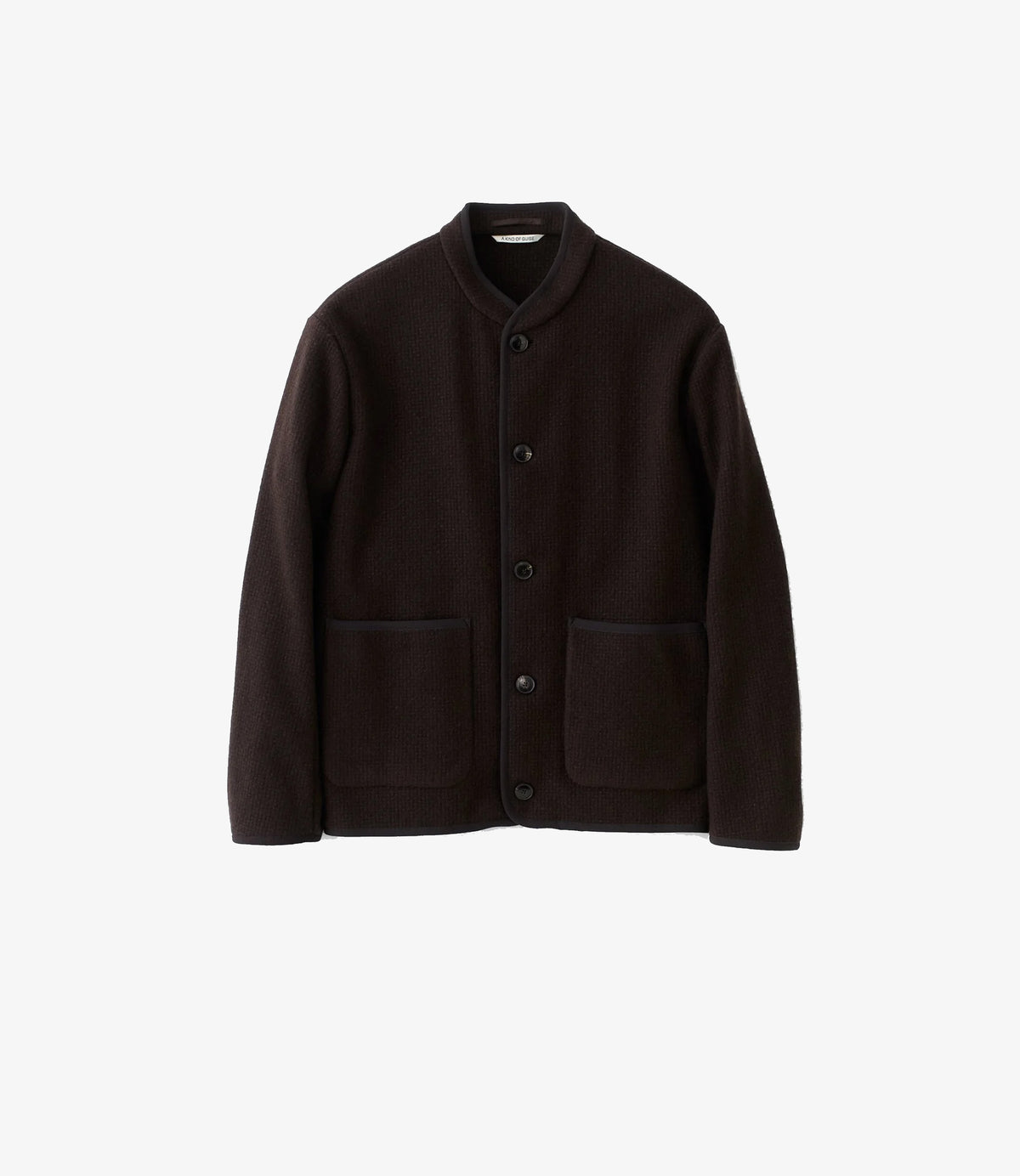 A Kind of Guise Yebra Jacket in mahogany tiles lambswool with band collar and patch pockets, front view