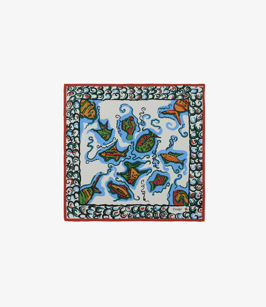 Fish Print Pocket Square - Ecru