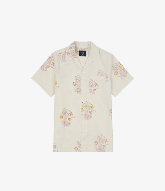 Floral Blk Print SS Camp Collar - Off W/Burg
