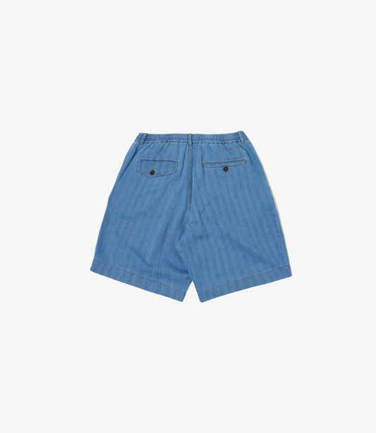 Pleated track short herringbone - Washed indigo