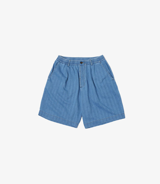 Pleated track short herringbone - Washed indigo